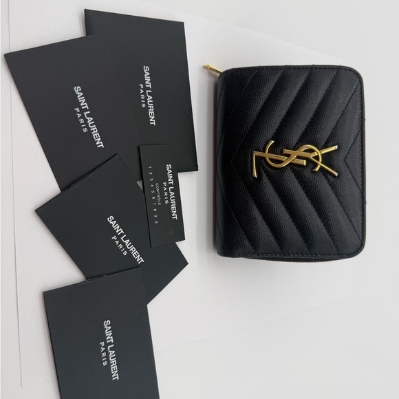 Yves Saint Laurent Black Wallet Chevron Quilting Gold Logo - Picture 16 of 16
